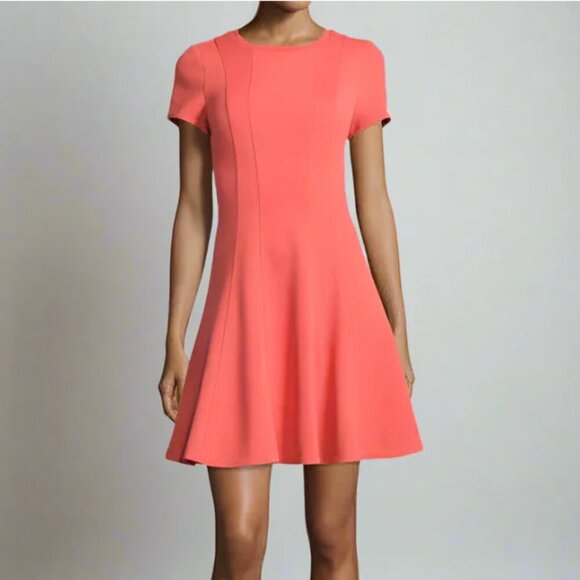 Rebecca Taylor Fit & Flare Dress Womens 12 Pink Short Sleeve Stretch Knit Coral - Picture 2 of 9